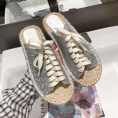 

Outside slippers summer chic flax sequins sandals flat soles leisure laces straw-knitted fishermens shoes