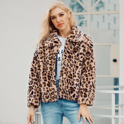 

Women Faux Fur Jacket Coat Leopard Print Warm Fleece Zip Up Turn-down Collar Vintage Furry Casual Overcoat Outwear Khaki