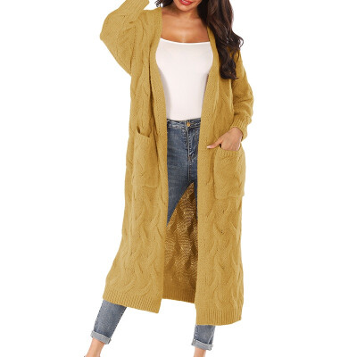 

2019 Women Autumn And Winter Elegant Fashion Design Large Size Loose Solid Color Pocket Knit Thick Sweater Cardigan Apricot