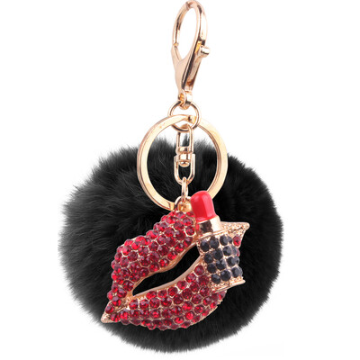 

8cm Rex Rabbit Fur Ball Red Lip Key Keychain New Plating Alloy Diamond Ball Bag Car Ornament