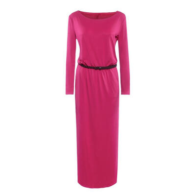 

Elegant Women Round Collar Pocket Solid Color Loose Long Dresses with Belt