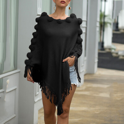 

Tailored Womens Fashionable Round-Necked Cloak Shawl Collar Pure-Color Sweater Blouse