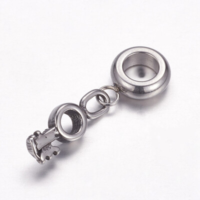 

304 Stainless Steel European Dangle Beads Large Hole Pendants Key Antique Silver 27mm Hole 5mm Pendant 16x55x25mm