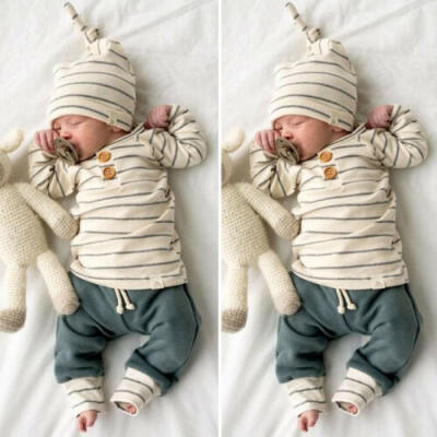 

3PCS Autumn Infant Baby Boys Stripe Long Sleeve TopsLeggings Pants Clothes Set