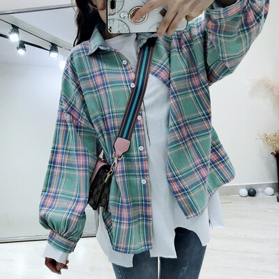 

Spring Autumn Women Blouses Fashion Plaid Casual Lapel Shirt Female Long Sleeve Tops