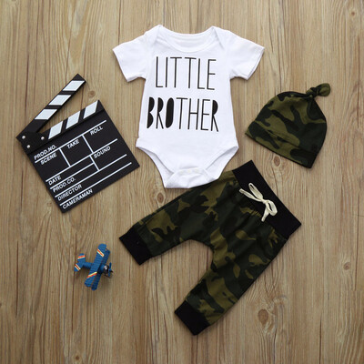 Newborn Infant Baby Boy Letter Romper TopsCamouflage Pants Hat 3Pcs Clothes Set