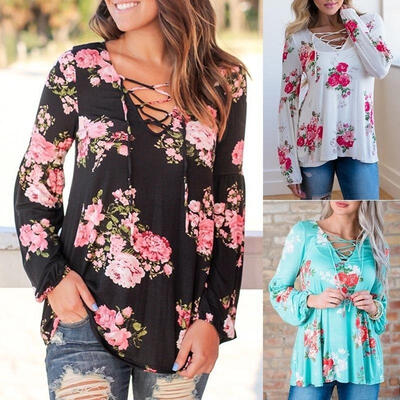 

Fashion Womens Cotton Floral Loose Casual Long Sleeve Tops T-shirt Blouse Shirts