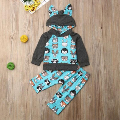 

UK Infant Girl Baby Boy Printed Hooded Tops Shirt Pants 2Pcs Outfits Clothes Set