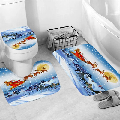 

Gobestart 3Pcs Christmas shower Curtain Bathroom Anti-slip Carpet Rug Toilet Cover Mat Set