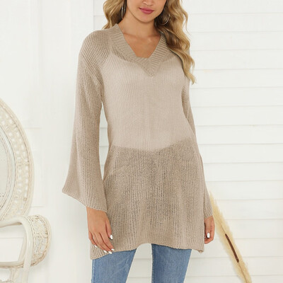 

〖Follure〗Women Casual V-Neck Pullover long Sleeve Hollow Long Loose Knitted Sweater Tops