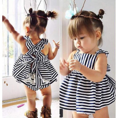 

Cute Newborn Baby Girls Summer Bowknot Stripe Dress Shorts Sunsuit Outfits Set