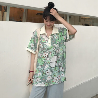 

Womens Korean Style Turn-down Collar Floral Print Short Sleeve Buttons Loose Polo Shirt Ladies Summer Clothes