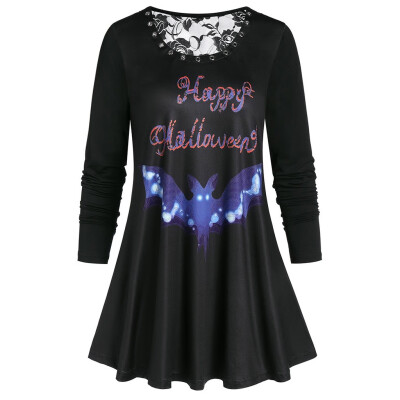 

Tailored Fashion Women Loose Long Sleeve Halloween Bat Print Lace Splic O-Neck Tops