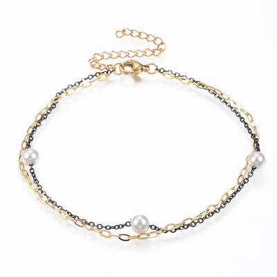 

304 Stainless Steel Multi-Strand Anklets with Lobster Clasps Acrylic Pearl Beads&Extender Chains Round Gunmetal & Golden