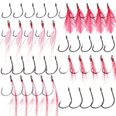 

40Pcs Fishing Hooks Black Fishing Hooks with Red Feather Fishhooks 6 8 10 12