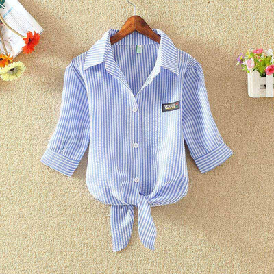 

Korean Style Half Sleeves Turn-down Collar Bow Short Women Tops And Blouses Striped Casual Wild Fashion 2018 Women Shirts