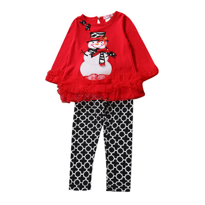 

Kids Girls Xmas Snowman Print Lace Long Sleeve Tops Plaid Pants Clothes Set