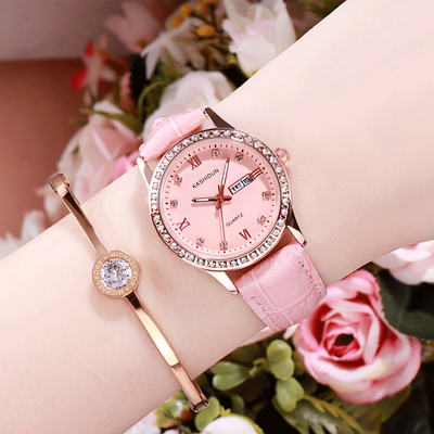

New fashion girl watch double calendar water drill belt quartz watch woman Korean version of the Internet celebrity steel belt wom
