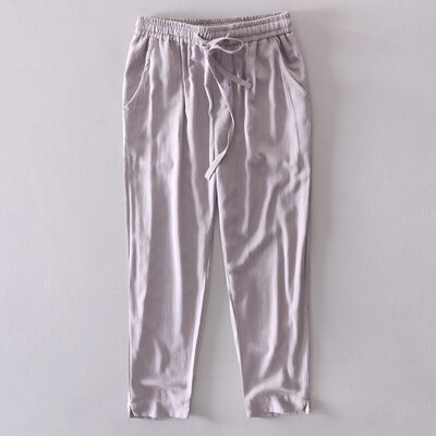 

New summer linen Capris solid color casual tie rope cotton hemp slacks for men