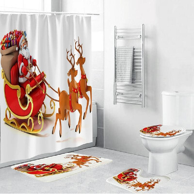 

4 Piece Christmas Theme Bathroom Decoration Non Slip Rug Toliet Cover Bath Mat Shower Curtain