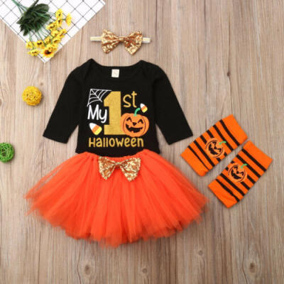 

4PCS Halloween Costume Newborn Baby Girl RomperTutu DressLeg Warmer Outfits UK