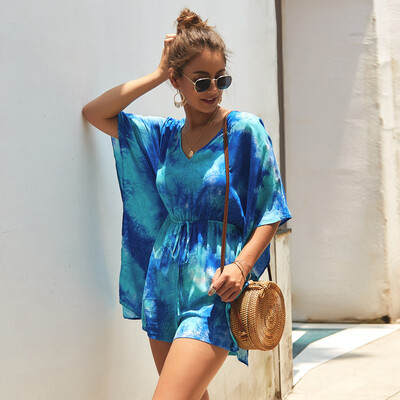 

Starmoon Women Fashion Boho Casual Dye Print Short Sleeve Ladies V-Neck Short Jumpsuits