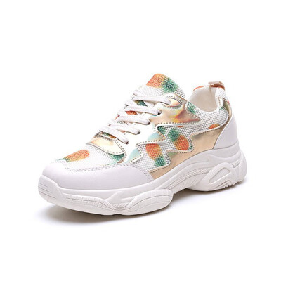 

2019 womens shoes leather wedge high heel round head fruit printing platform lace spring&summer womens sports shoes