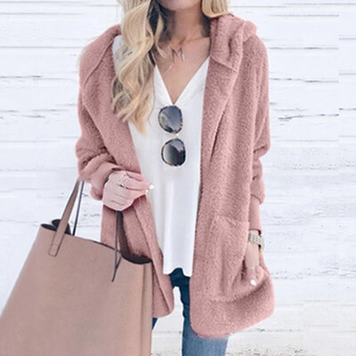 

Autumn Winter Women Fashion Casual Solid color Plush Hooded Long sleeve Cardigan coat