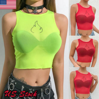 

USA Women Sheer Mesh Fish Net Sleeveless O Neck See Crop Top T-Shirt Blouse