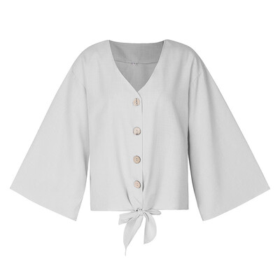 

Women Autumn Blouses Solid Color Clothing Long Sleeve V-neck Loose Shirt OL Ladies Plain Casual Button Blouses