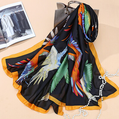

Spring&summer new ladies simulation silk parrot printing new silk satin long towel beach towel sunscreen scarf SK019