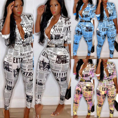 

Women Jumpsuit Blouse Top Long Pants Two Piece Set Newspaper Print Outfits