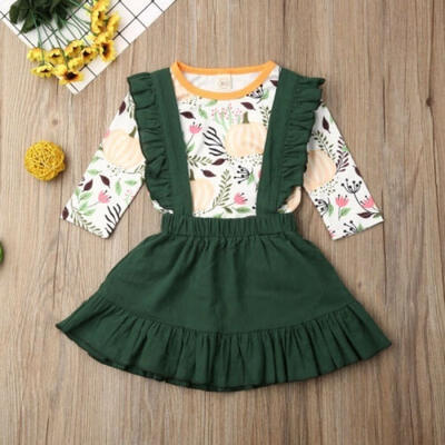 

Baby Girls Dress Set Clothes Halloween Outfits Long Sleeve Print T-shirt Tops Strap Skirt Toddler Cute 2Pcs Outfits 6M-4T