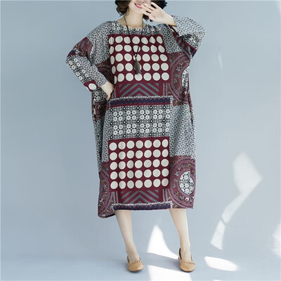 

Vintage Women Cotton Linen Dress O Neck Raglan Three Quarter Sleeve Print Pockets Casual Plus Size Loose Midi Dress