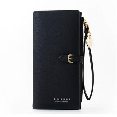 

Casual Solid Color Women Wallet Long Multi-Card Large Capacity Coin Purse Wrist Strap Money Bag