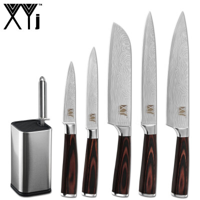 

XYj Stainless Steel Knife 6 Pcs Set 7cr17 Sharp Blade Damascus Veins Color Wood Handle Knife Chef Slicing Santoku Utility Knife