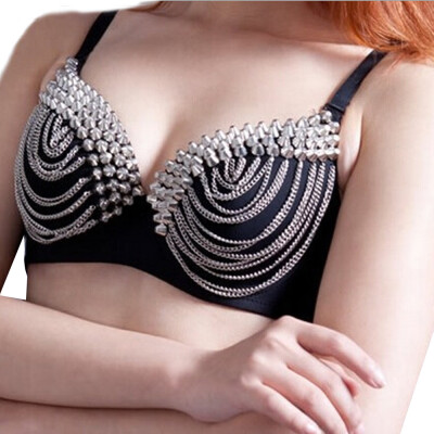 

Toponeto Women Sexy Party Nightclub Fashion New Punk Lady Goth Silver Studded Bra