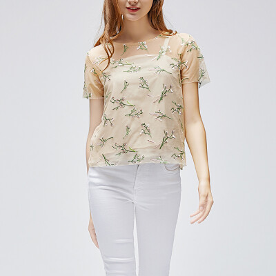 

Sexy Wild Mesh Tops Lace Flower Embroidery Breathable Round Neck Short Sleeve Female T-shirt 1PC