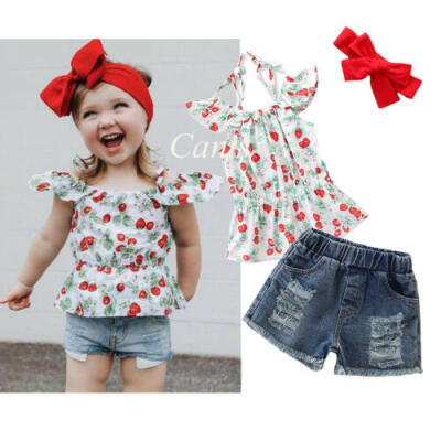 

Toddler Baby Girl Cherry Short Sleeve Sling Tops Jeans Pants 3Pcs Outfit Clothes