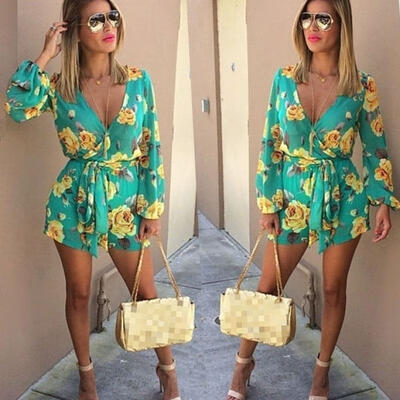 

Hot Promotion Women Bowknot Belt Sexy Rompers Print Floral Jumpsuit Summer T-Shirt