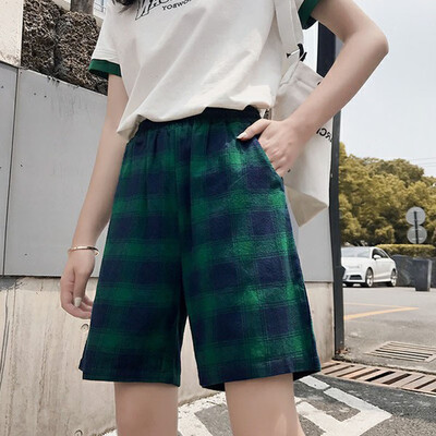 

Women Literary Summer Casual Slim Fit Stretch Elastic High Waist Loose Plaid Print Shorts брюки женские