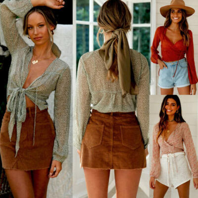 

Summer Women Bandage T-Shirt Ladies V-Neck Long Sleeve Shirts Crop Tops Blouse