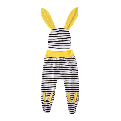 

2pcs Newborn Baby Boy Girls Stripe Outfits Wrap Foot Pants Long Ear Hat Clothes