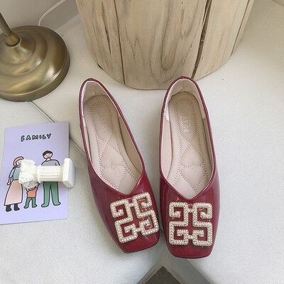 

Bean shoes womens summer one foot pedal womens shoes square head shallow flat sole low heel grandma shoes