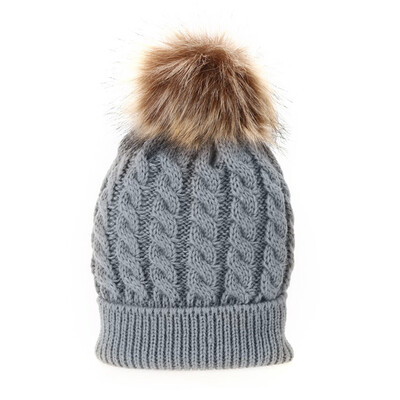 

Mom Baby Kid Warm Raccoon Fur Bobble Beanie Cotton Knitted Parent-Child Hat