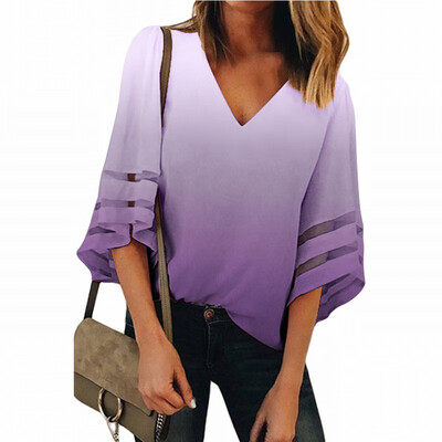 

Gradient shirt Womens V-neck bell-shaped cropped sleeves loose top
