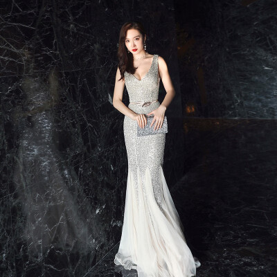 

Sexy Prom Dresses Floor-Length Sequin V-Neck Mermaid Evening Dress Female Banquet And Annual Meeting Long Dress