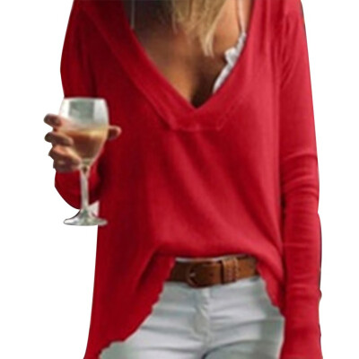 

2019 Fashion Casual Women V-neck Long sleeves Solid color Top Bottoming shirt knitting T-shirt