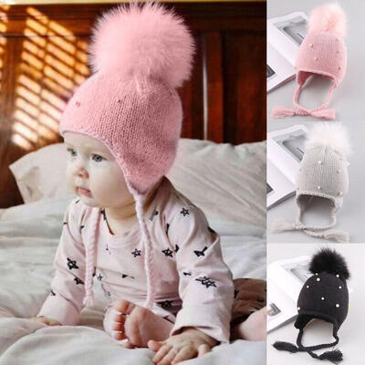 

Princess Kids Winter Faux Fur Beading Hats For Girl Baby Soft Knitted Hat Children Cap For Girl 1-3 Years