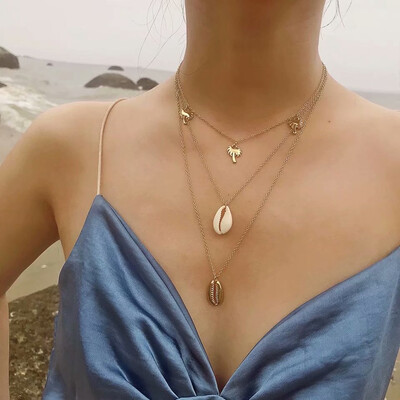 

Multi Layer Shell Pendant Necklace For Women Gold Chain Necklace Crystal Choker Necklaces Summer Bohemian Best Friend Jewelry